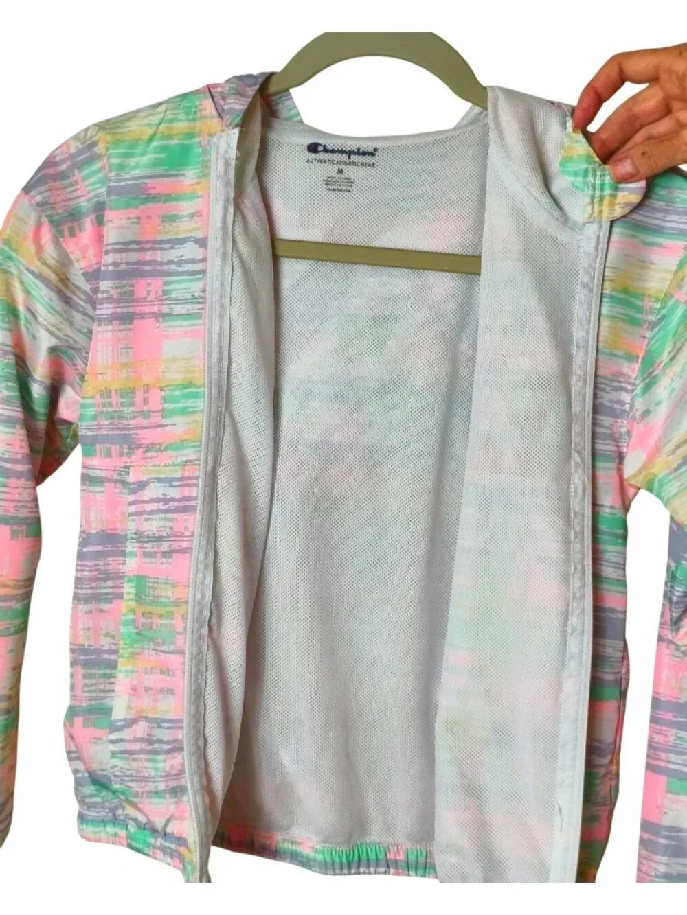 Champion Girls M Hooded Windbreaker Jacket Multicolor Zip-Up Elastic Hem Cuffs